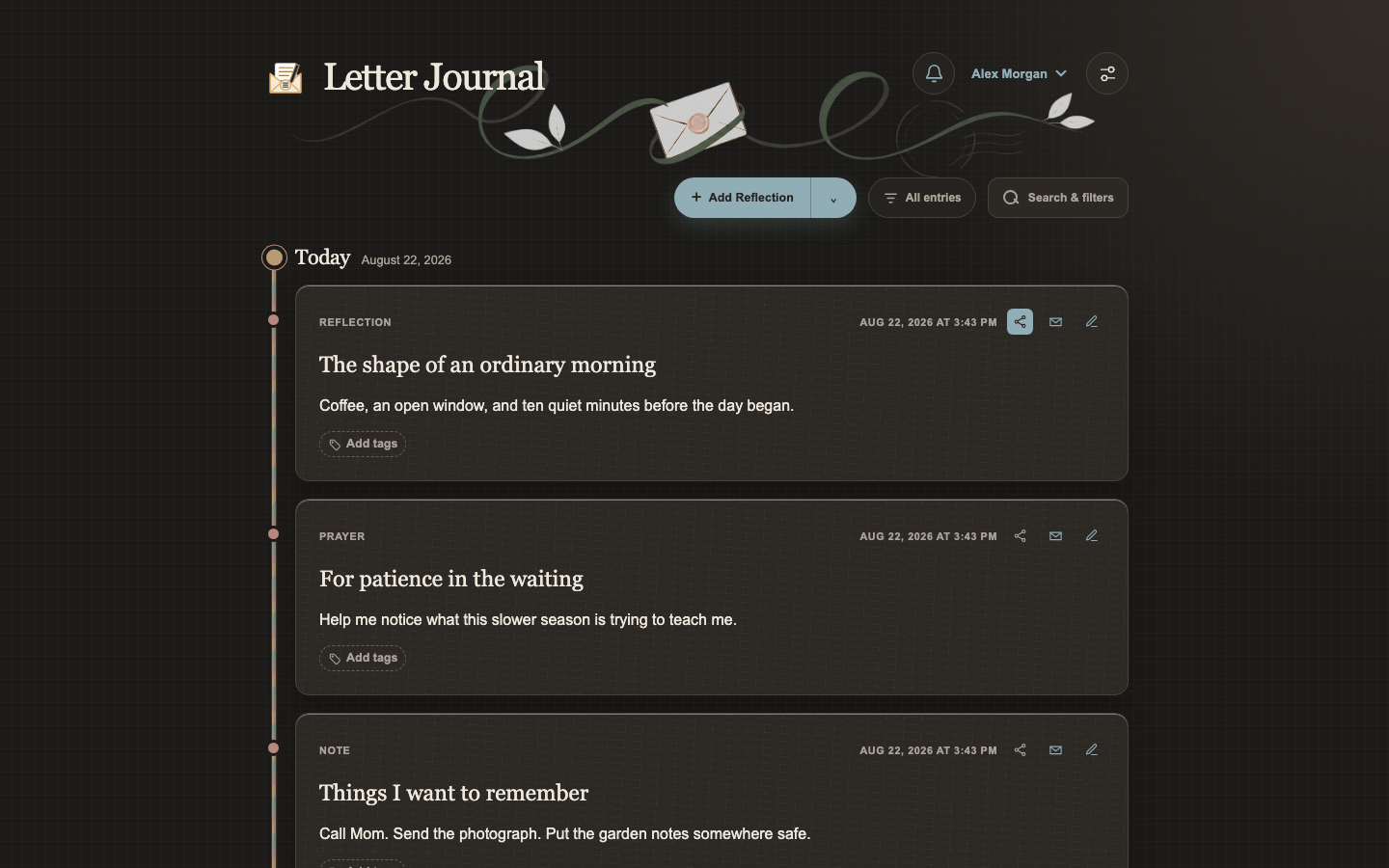 Letter Journal timeline with entry controls and recent writing in dark mode