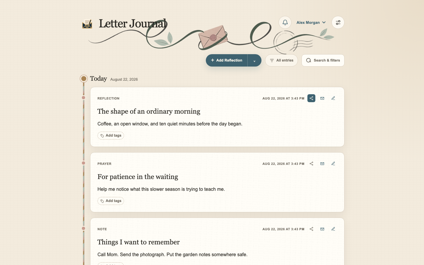 Letter Journal timeline with entry controls and recent writing in light mode
