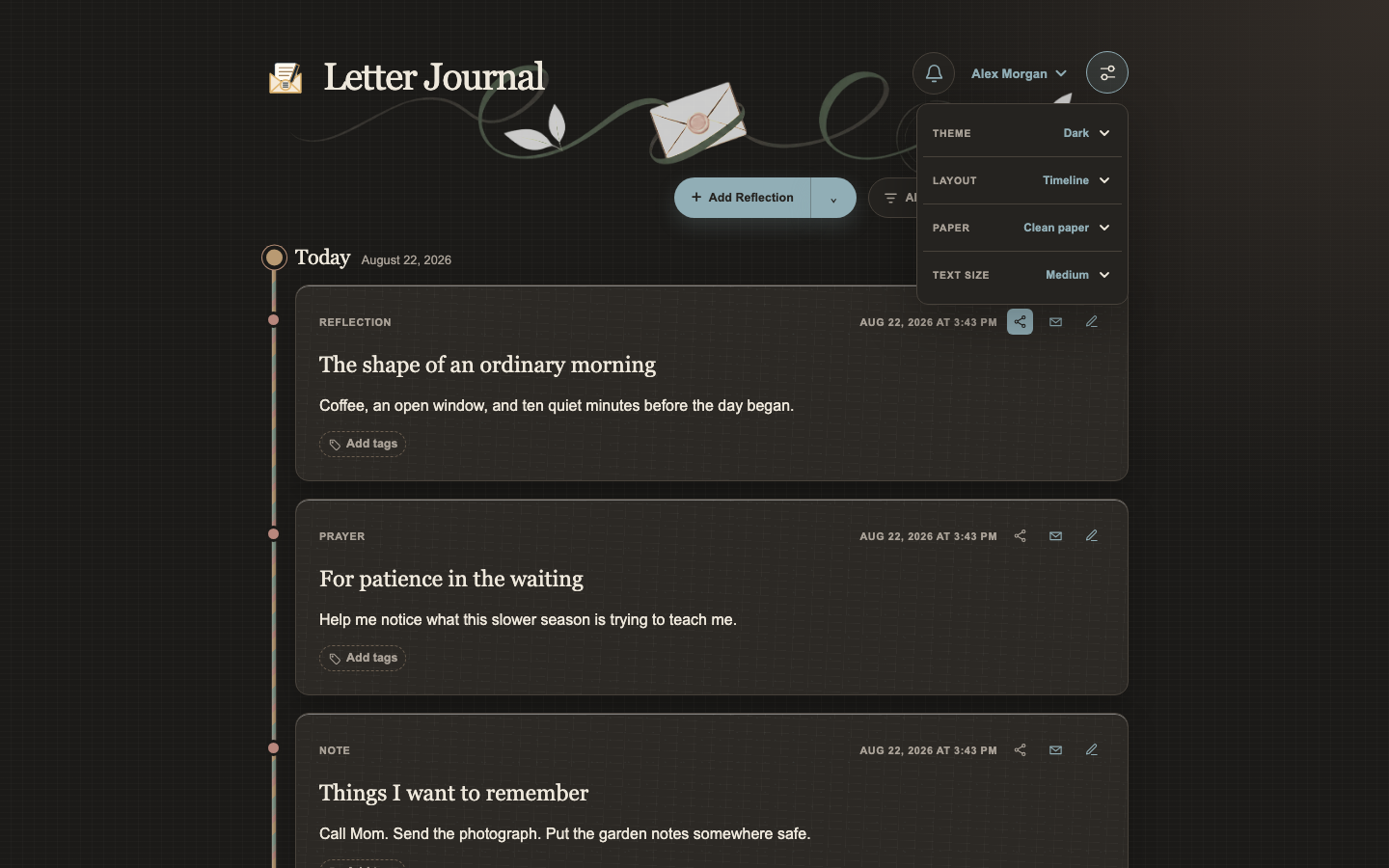 Letter Journal appearance menu showing theme, layout, and paper choices in dark mode
