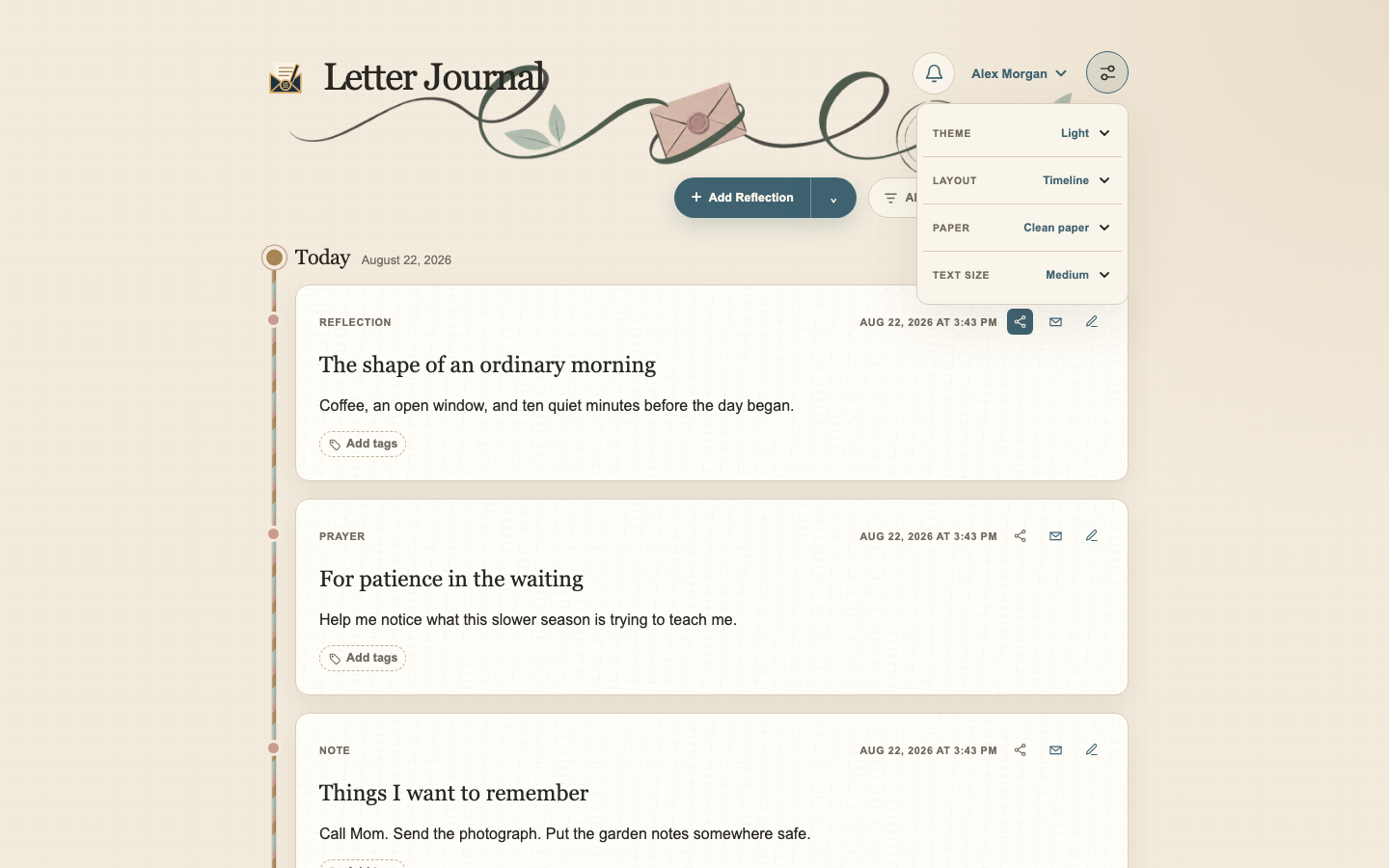 Letter Journal appearance menu showing theme, layout, and paper choices in light mode
