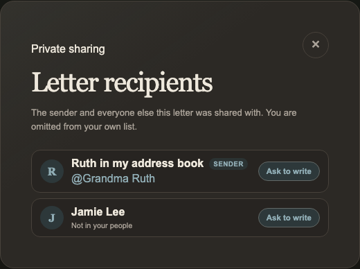 Letter participant dialog showing the sender, another recipient, private person tags, and Ask to write controls in dark mode