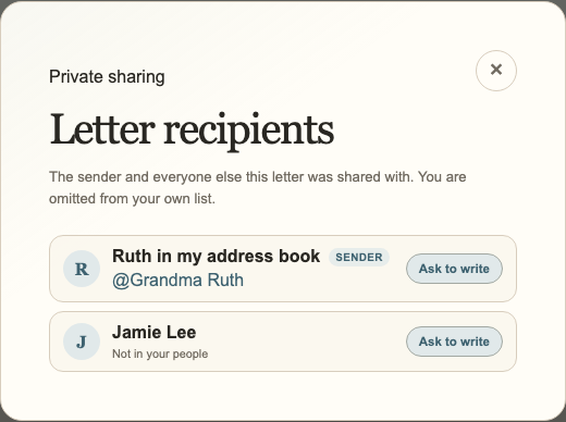 Letter participant dialog showing the sender, another recipient, private person tags, and Ask to write controls in light mode