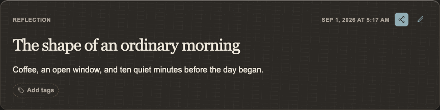 A journal entry with its sharing menu open in dark mode