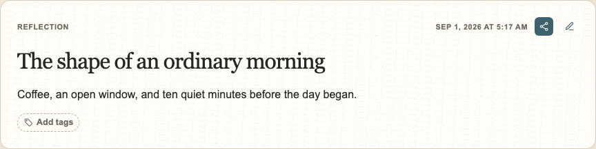 A journal entry with its sharing menu open in light mode