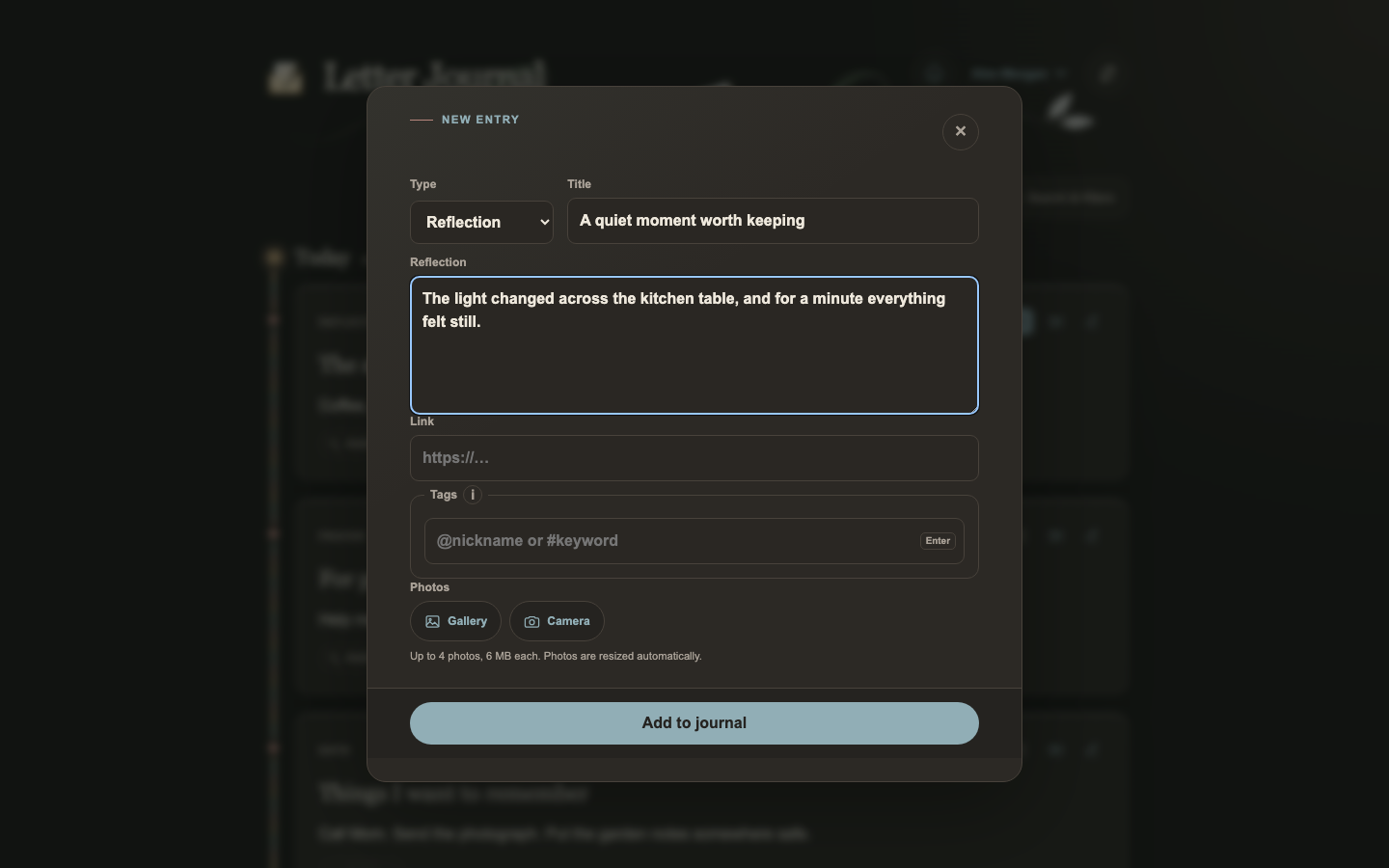 New journal entry editor with fields for title, writing, and photos in dark mode