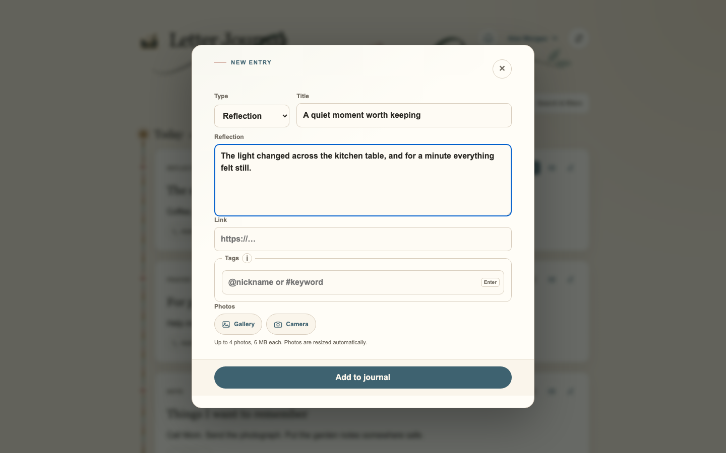 New journal entry editor with fields for title, writing, and photos in light mode