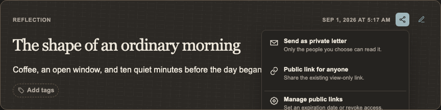 A journal entry with its public sharing menu open in dark mode