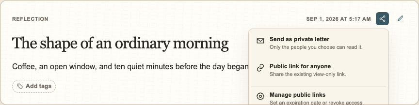 A journal entry with its public sharing menu open in light mode